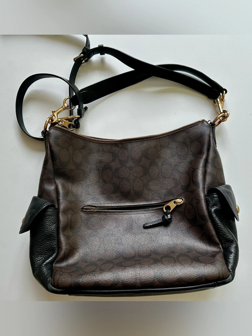 Coach Pennie C1523 Signature Canvas Brown Black Leather Shoulder Crossbody Bag